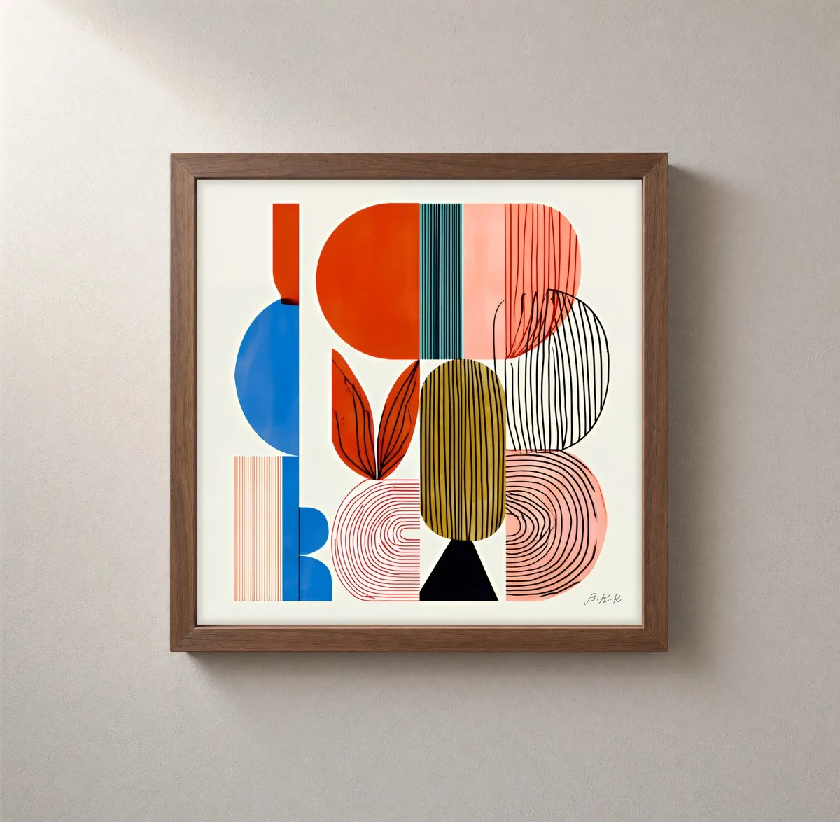 Striped Garden Shapes by Bassem, framed print on a wall