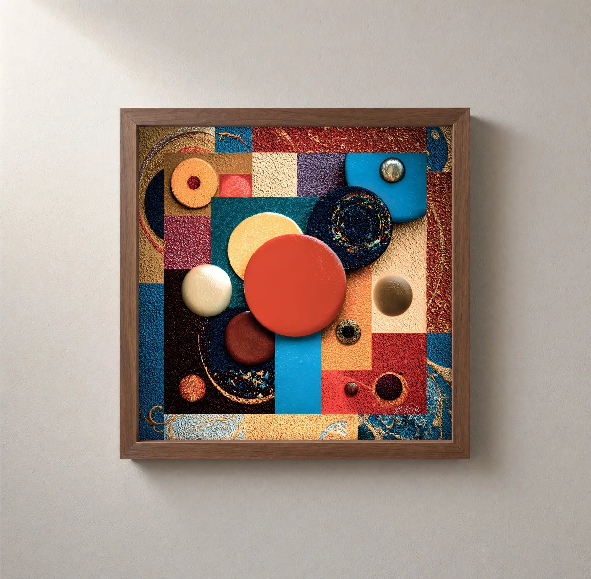 A Gathering of Discs by Bassem, framed print on a wall