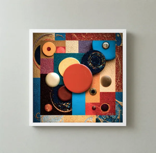 A Gathering of Discs by Bassem, framed print on a wall