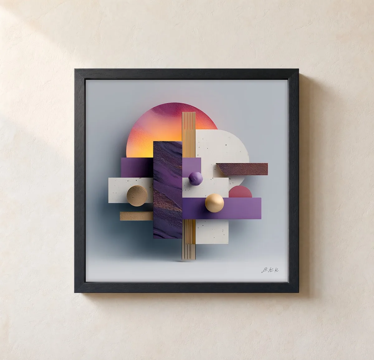 ba-0330-stacked-sunrise-framed-1-thin-closeup-black-v4 Stacked Sunrise by Bassem, framed print on a wall