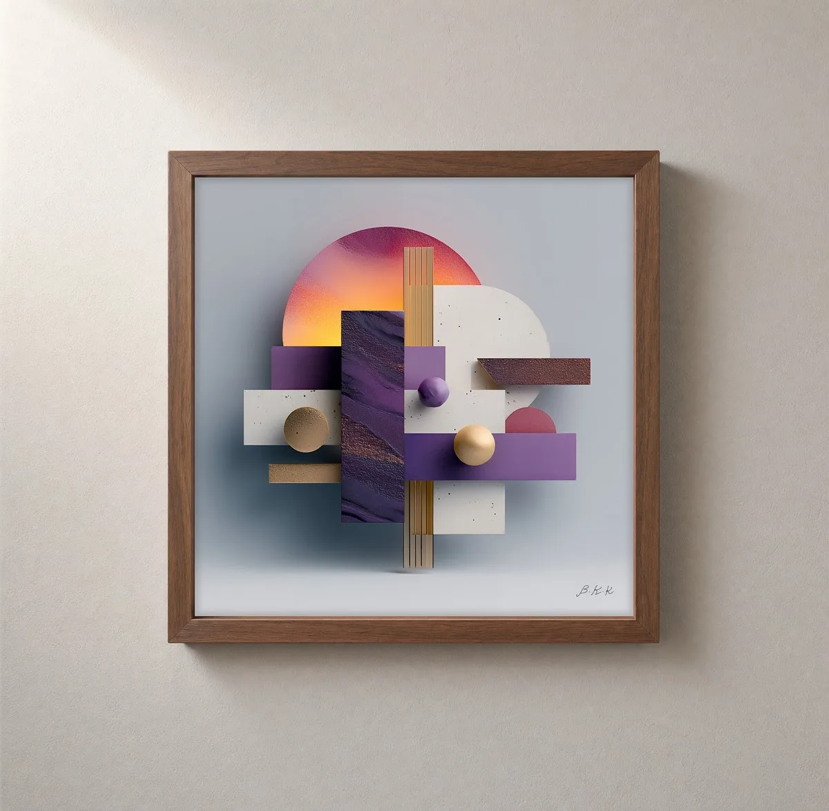 ba-0330-stacked-sunrise-framed-2-thin-closeup-walnut-v4 Stacked Sunrise by Bassem, framed print on a wall