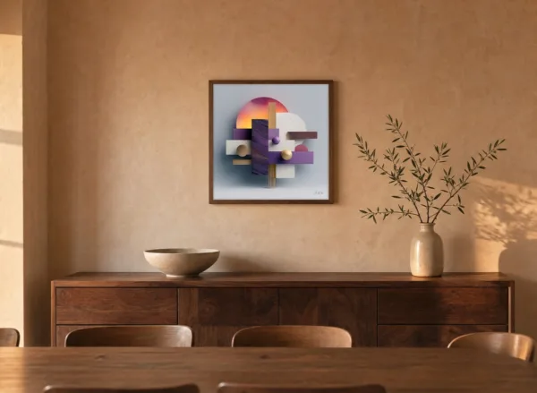 ba-0330-stacked-sunrise-framed-4-thin-room-dining-walnut-v4 Stacked Sunrise by Bassem, framed print on a wall