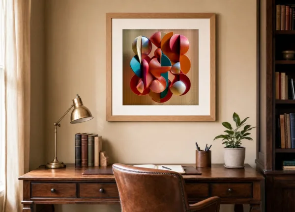 Spun Coral Forms by Bassem, art print shown framed on a wall