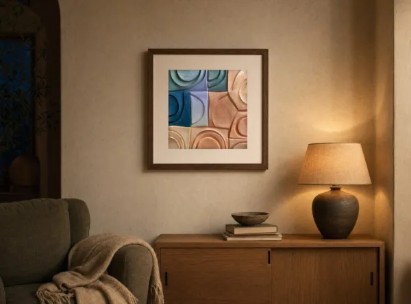 Sun-Warmed Tiles by Bassem, art print shown framed on a wall