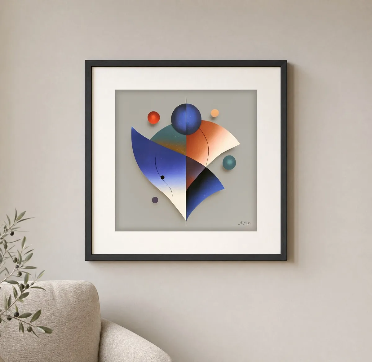 ba-0337-sails-and-small-planets-print-1-closeup-black-v4 Sails and Small Planets by Bassem, art print shown framed on a wall