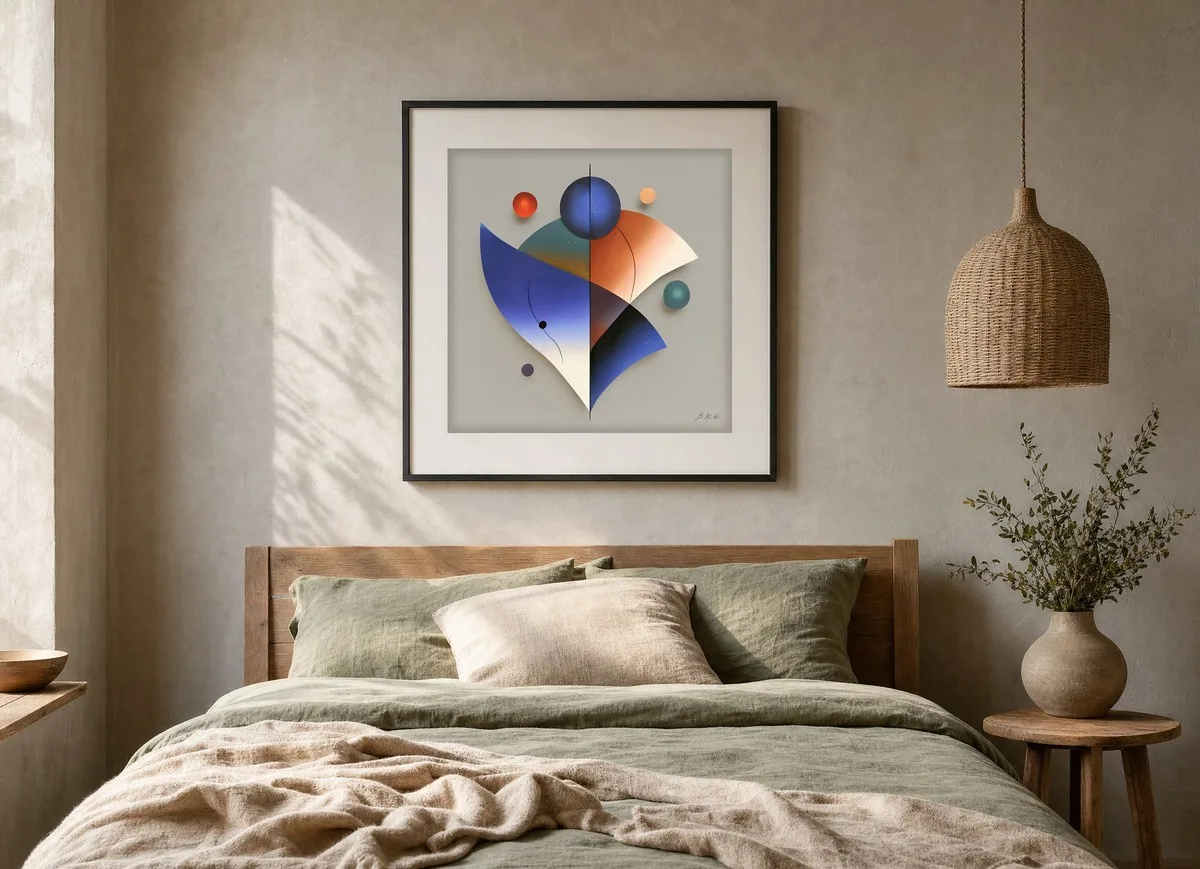 Sails and Small Planets by Bassem, art print shown framed on a wall