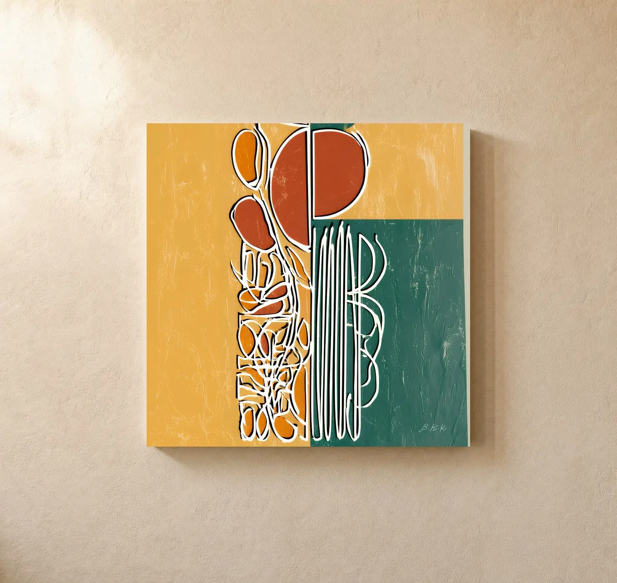 ba-0340-garden-in-loose-lines-canvas-1-canvas-closeup-limewash-v4 Garden in Loose Lines by Bassem, canvas on a wall