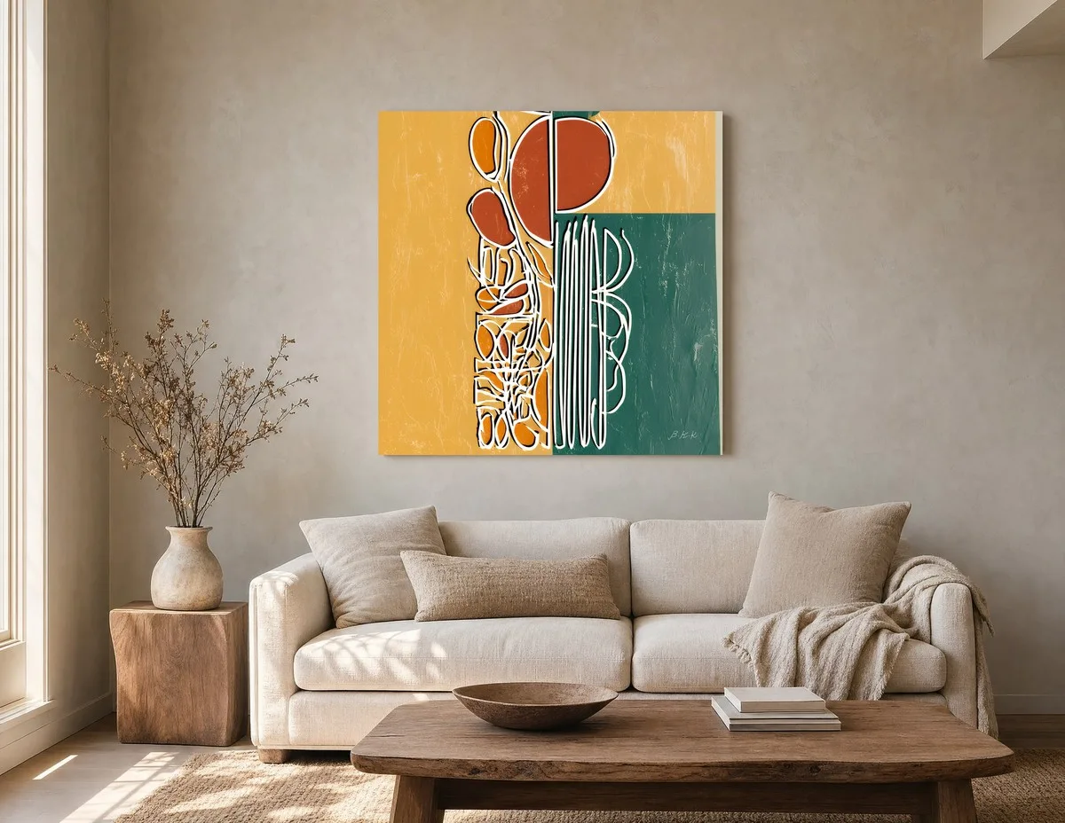 ba-0340-garden-in-loose-lines-canvas-2-canvas-room-living-greige-v4 Garden in Loose Lines by Bassem, canvas on a wall