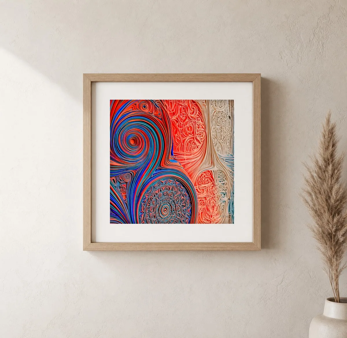 ba-0341-lace-and-whirlpool-print-1-closeup-oak-v4 Lace and Whirlpool by Bassem, art print shown framed on a wall