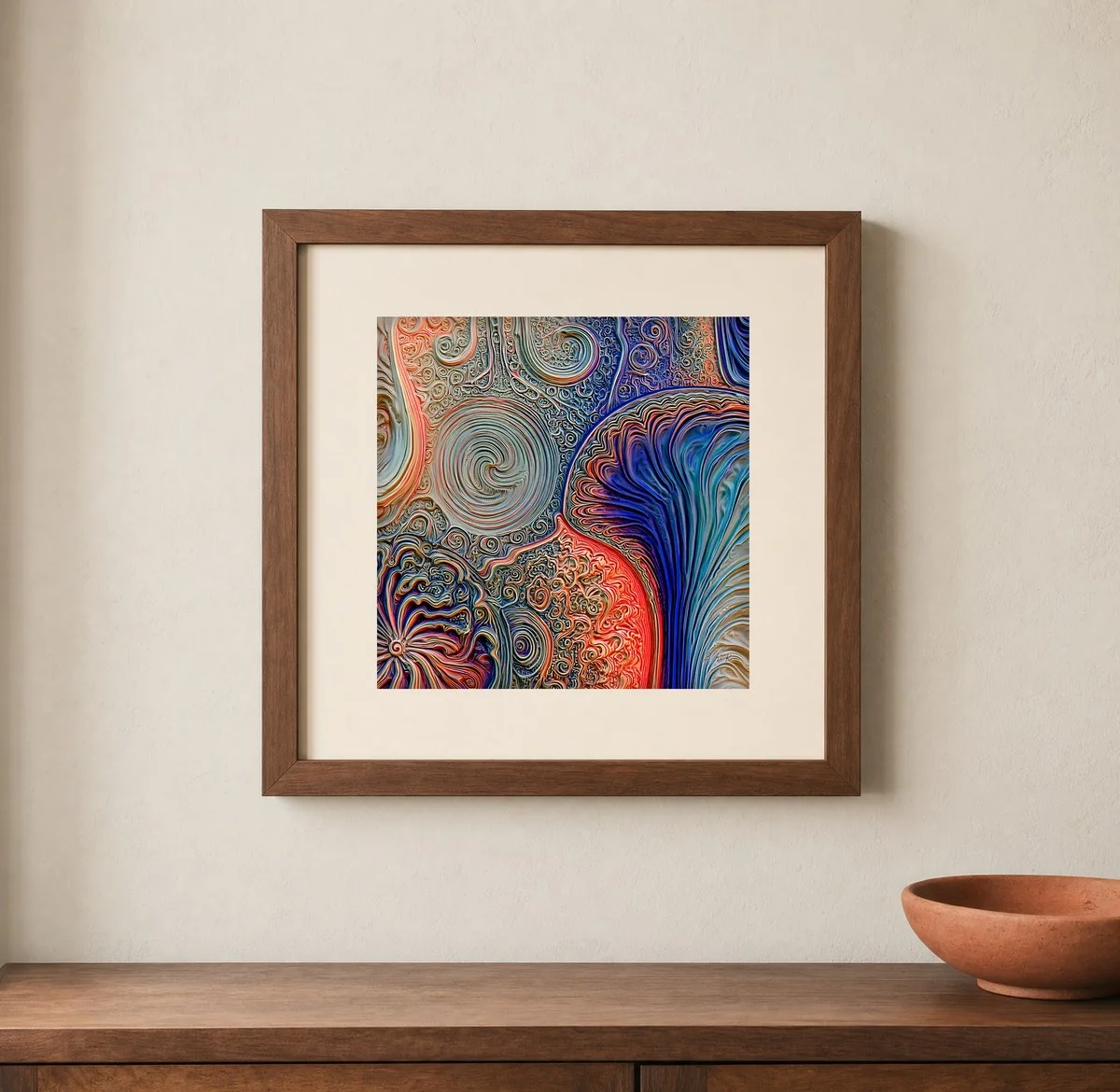 Embossed Spiral Garden by Bassem, art print shown framed on a wall