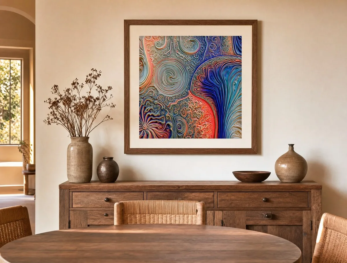 Embossed Spiral Garden by Bassem, art print shown framed on a wall