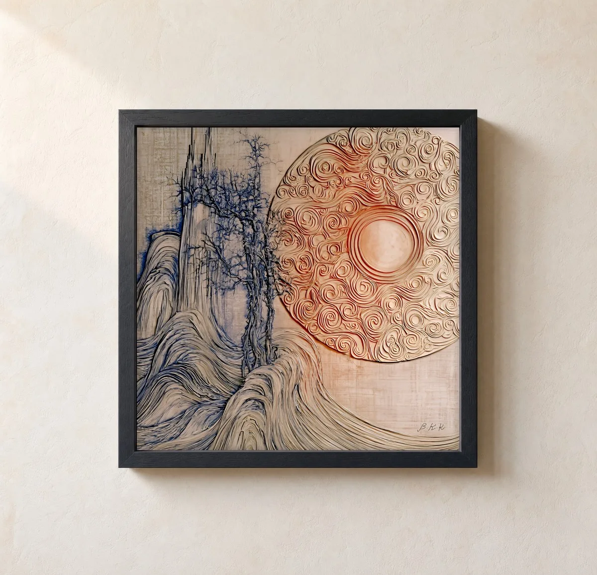 Sun Over Bare Cliffs by Bassem, framed print on a wall