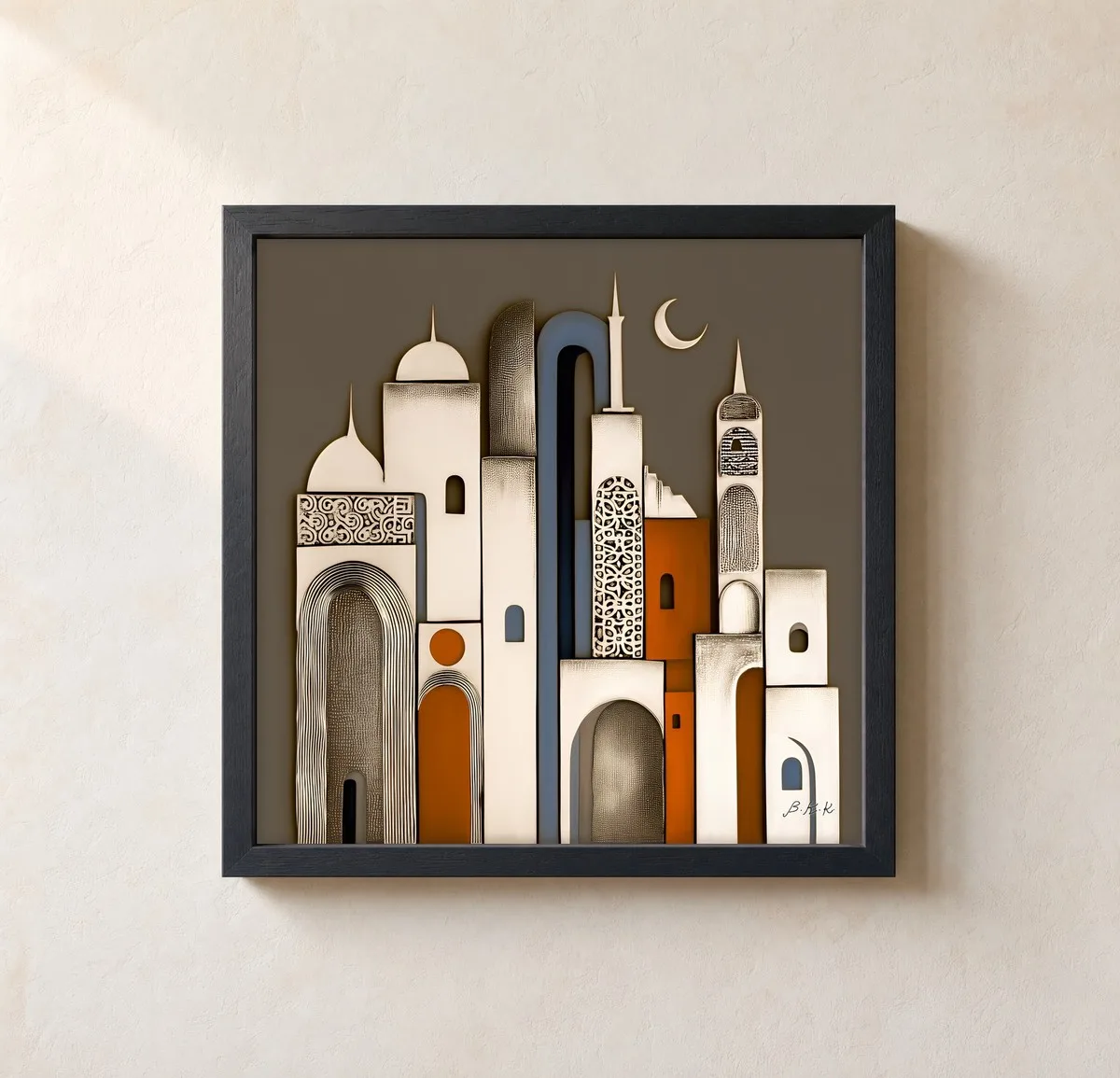 Towers Beneath the Crescent by Bassem, framed print on a wall