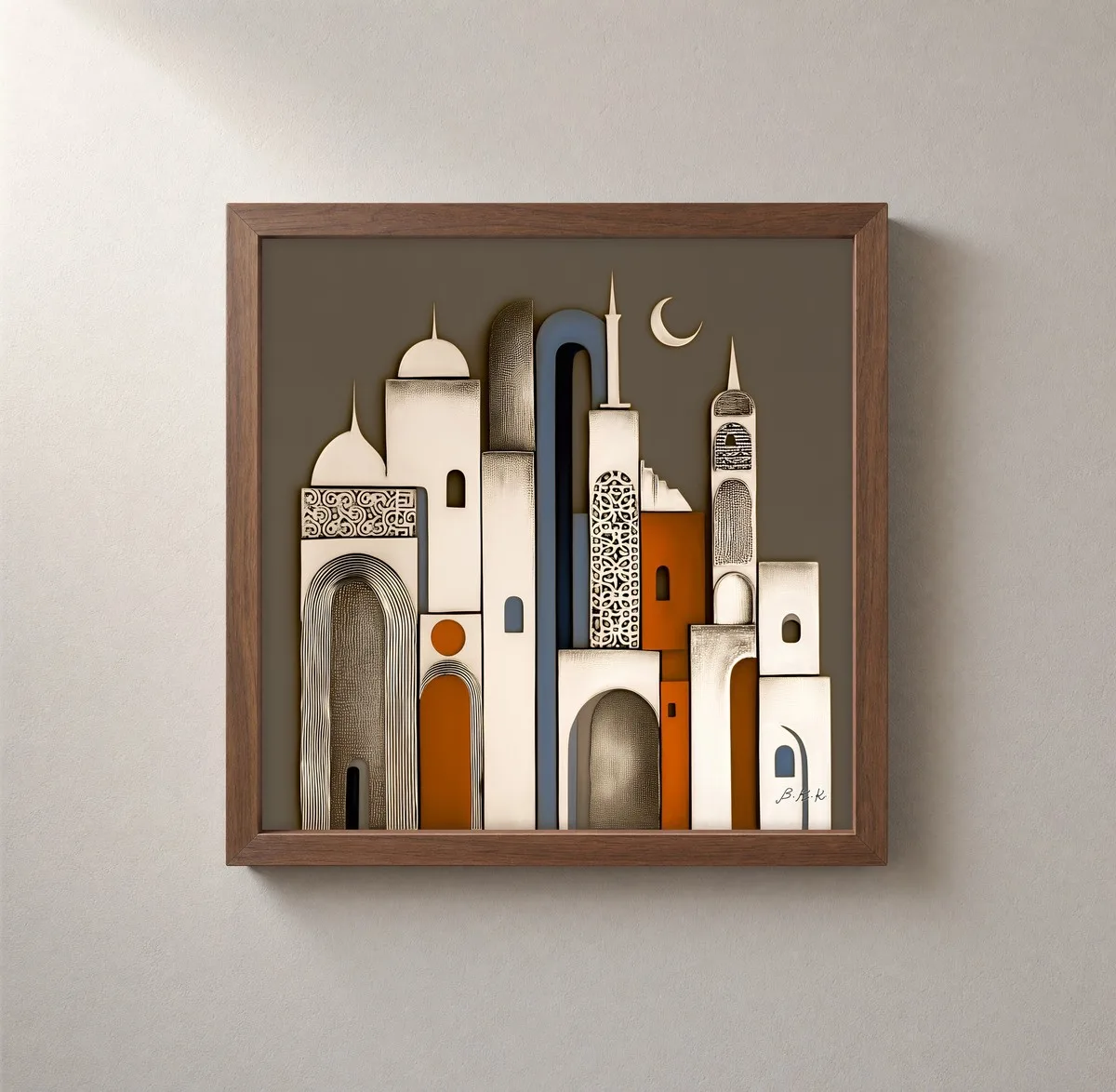 Towers Beneath the Crescent by Bassem, framed print on a wall