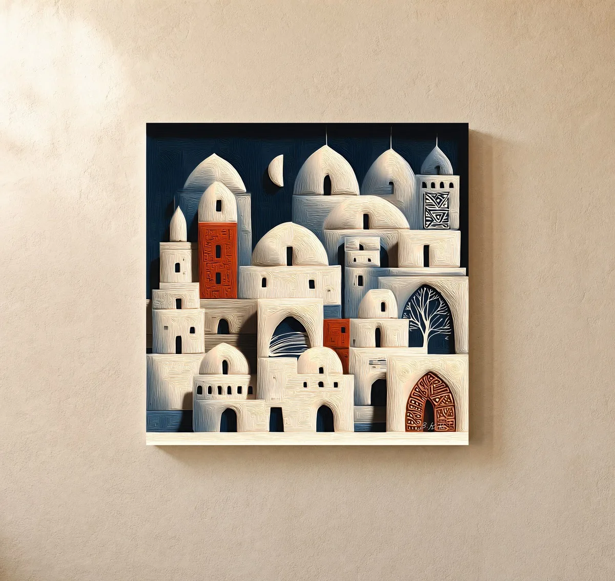 ba-0348-whitewashed-town-at-night-canvas-1-canvas-closeup-limewash-v4 Whitewashed Town at Night by Bassem, canvas on a wall