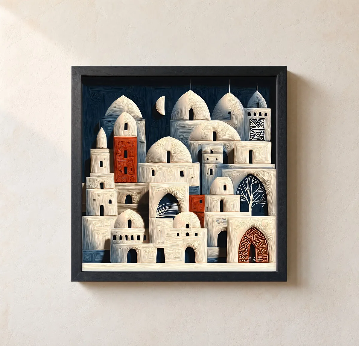 Whitewashed Town at Night by Bassem, framed print on a wall