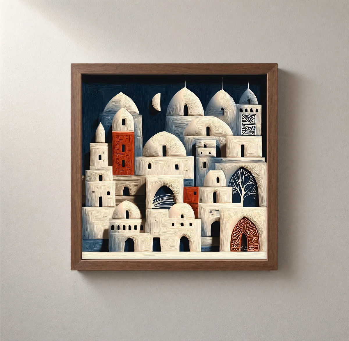 Whitewashed Town at Night by Bassem, framed print on a wall