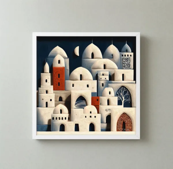 Whitewashed Town at Night by Bassem, framed print on a wall