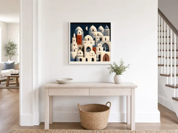 Whitewashed Town at Night by Bassem, framed print on a wall