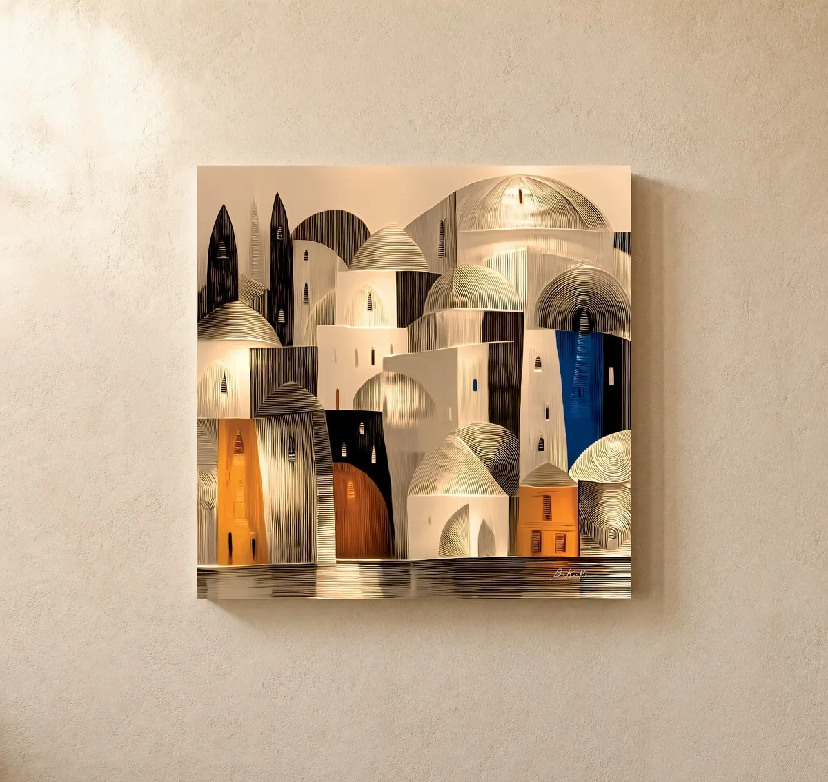 ba-0355-gilded-waterside-town-canvas-1-canvas-closeup-limewash-v4 Gilded Waterside Town by Bassem, canvas on a wall