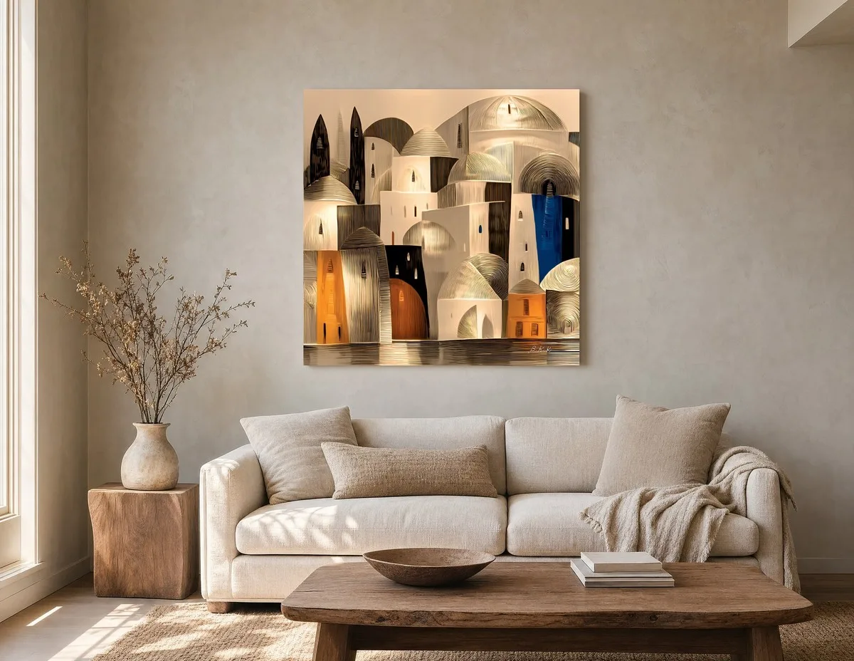 ba-0355-gilded-waterside-town-canvas-2-canvas-room-living-greige-v4 Gilded Waterside Town by Bassem, canvas on a wall