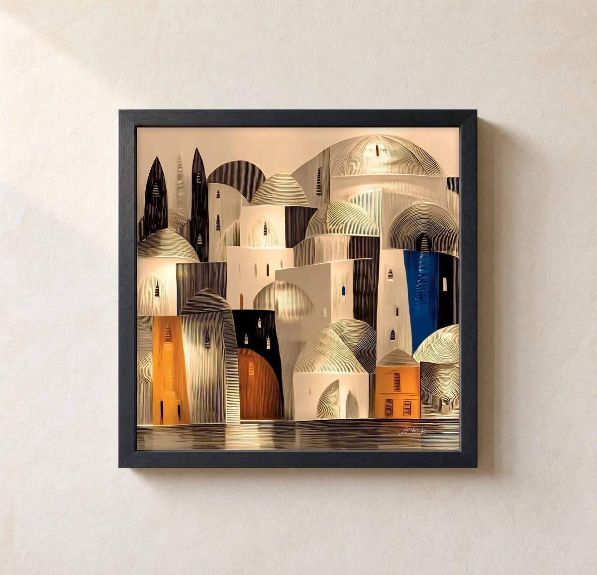 Gilded Waterside Town by Bassem, framed print on a wall