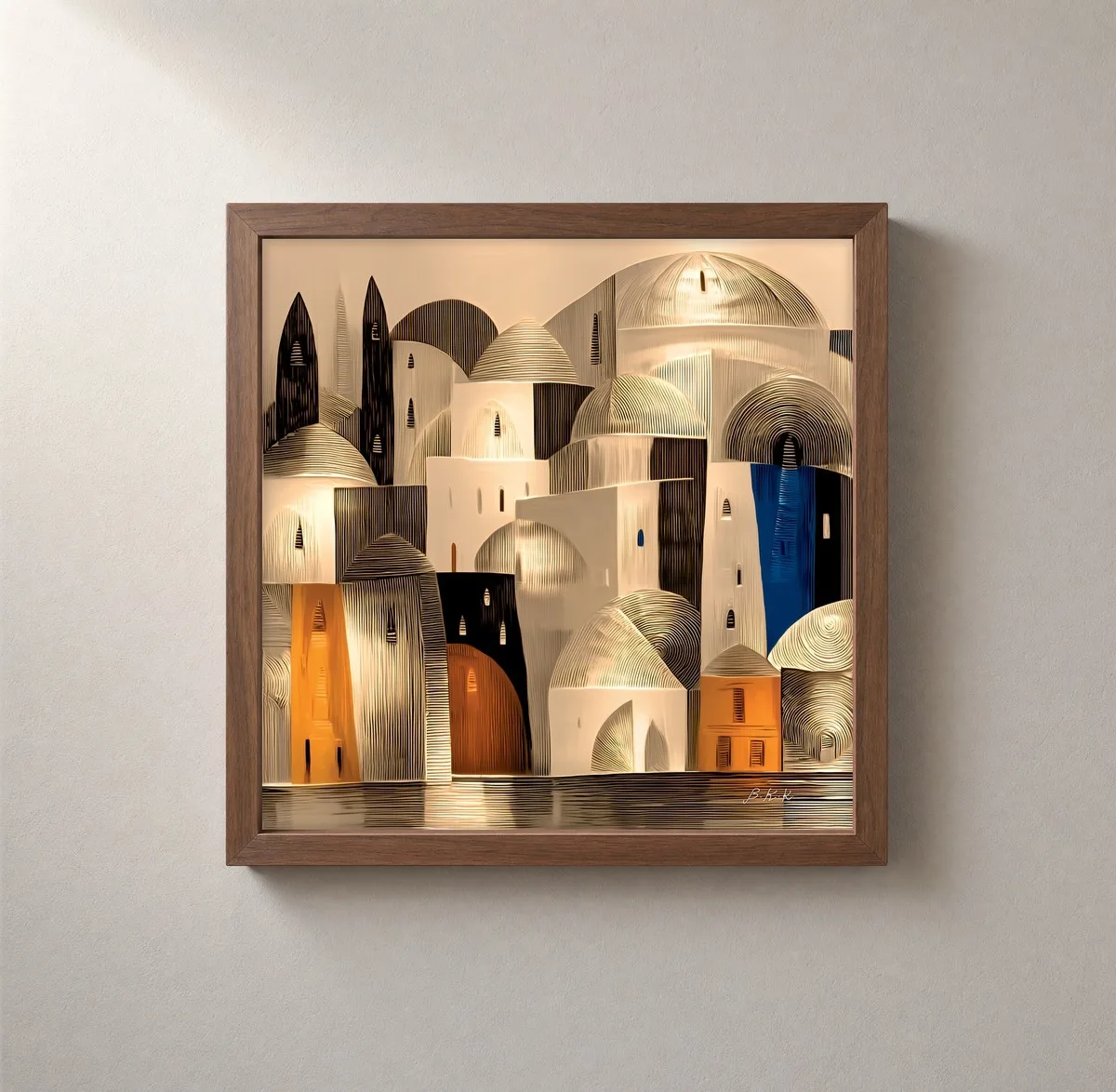 Gilded Waterside Town by Bassem, framed print on a wall