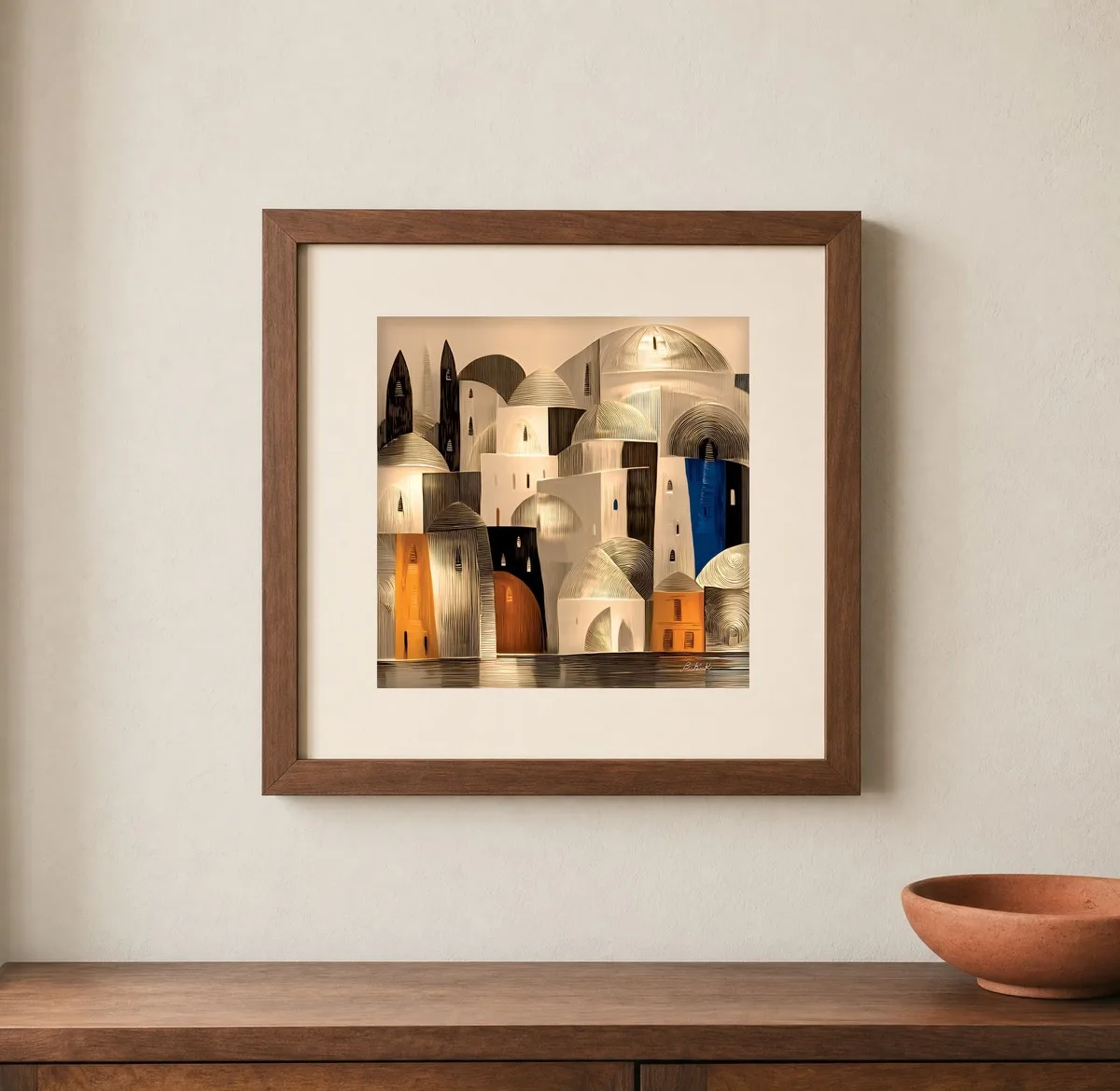 Gilded Waterside Town by Bassem, art print shown framed on a wall