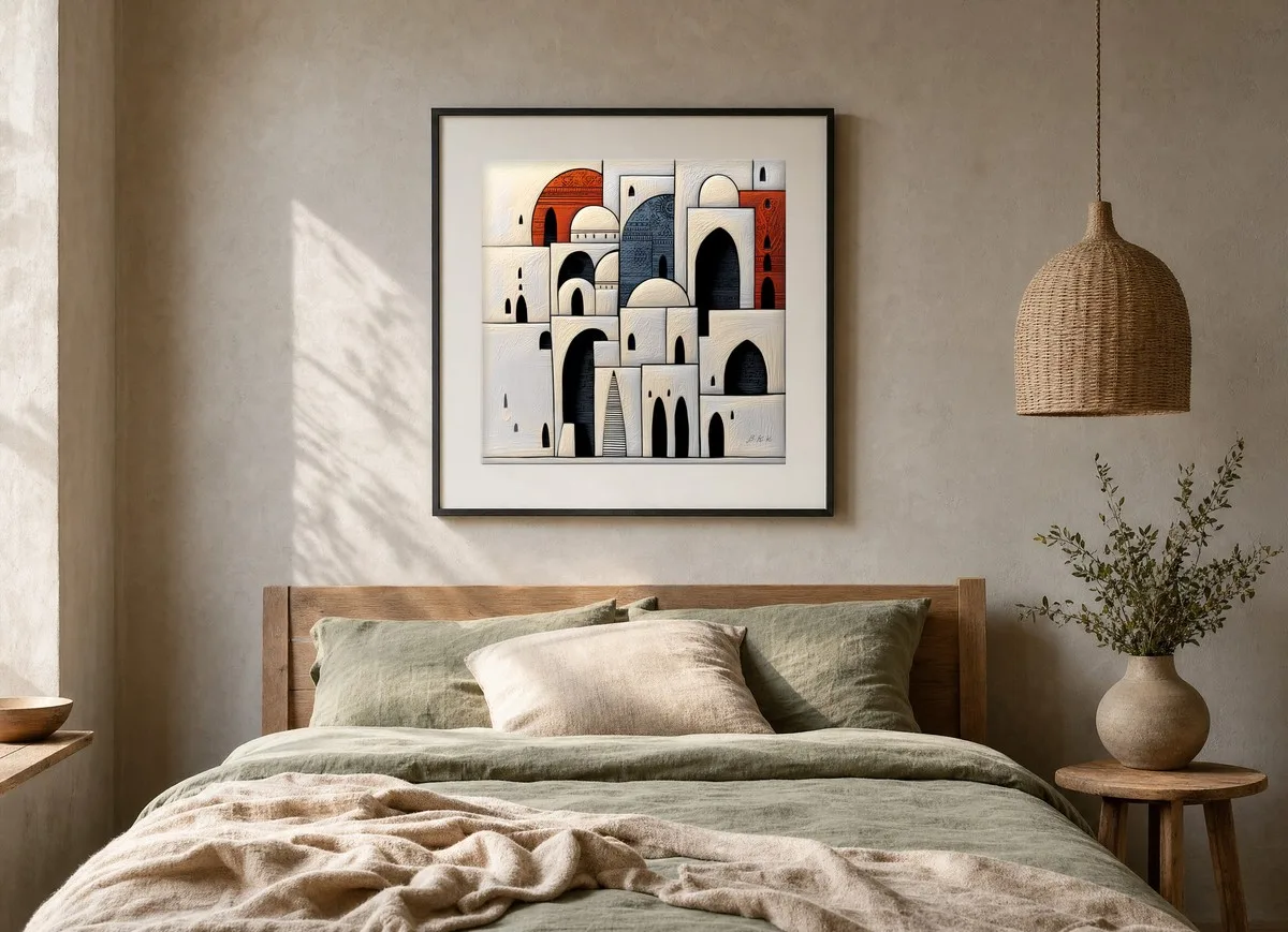 Arches in Whitewash by Bassem, art print shown framed on a wall