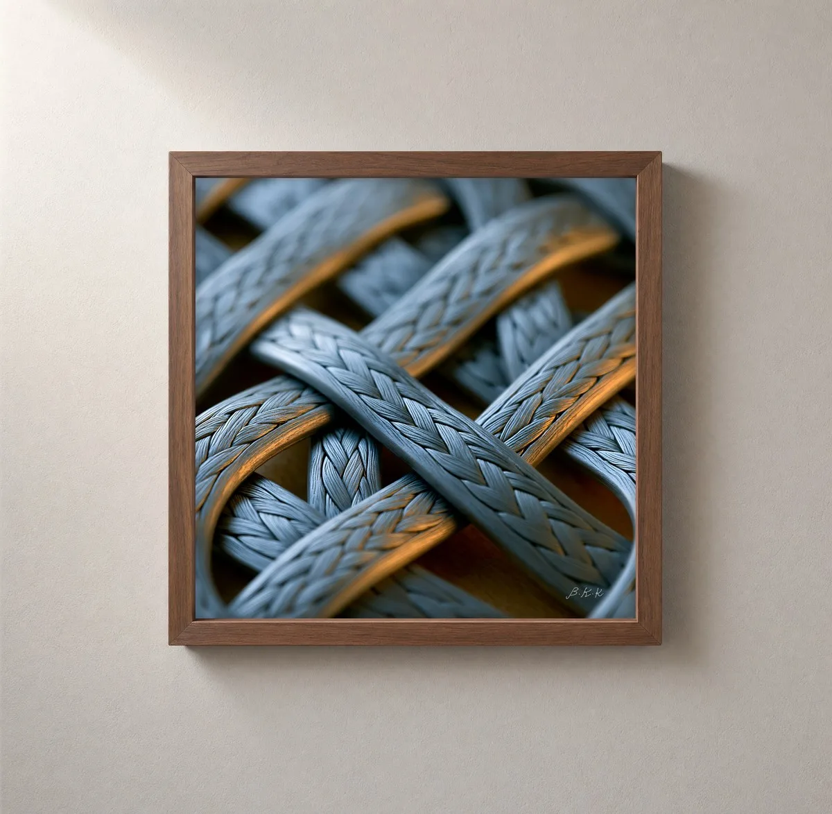 ba-0357-braided-silver-lattice-framed-2-thin-closeup-walnut-v4 Braided Silver Lattice by Bassem, framed print on a wall