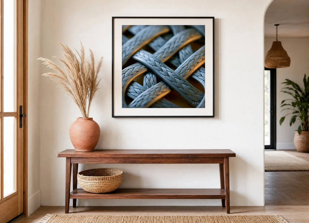 Braided Silver Lattice by Bassem, art print shown framed on a wall