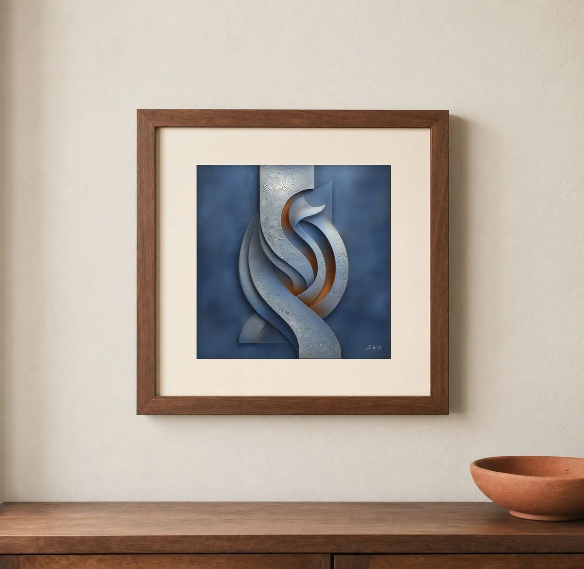 Silver Ribbon Turning by Bassem, art print shown framed on a wall