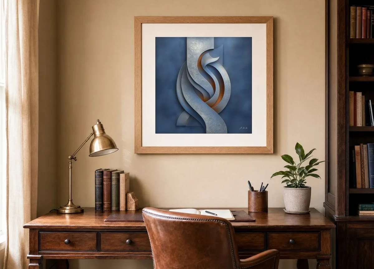 Silver Ribbon Turning by Bassem, art print shown framed on a wall