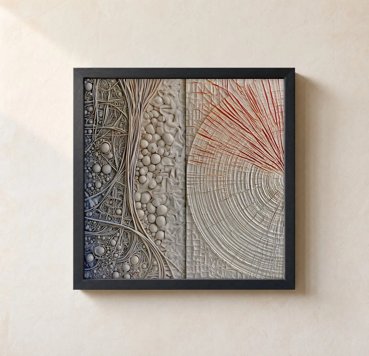 Pebbles and Tree Rings by Bassem, framed print on a wall