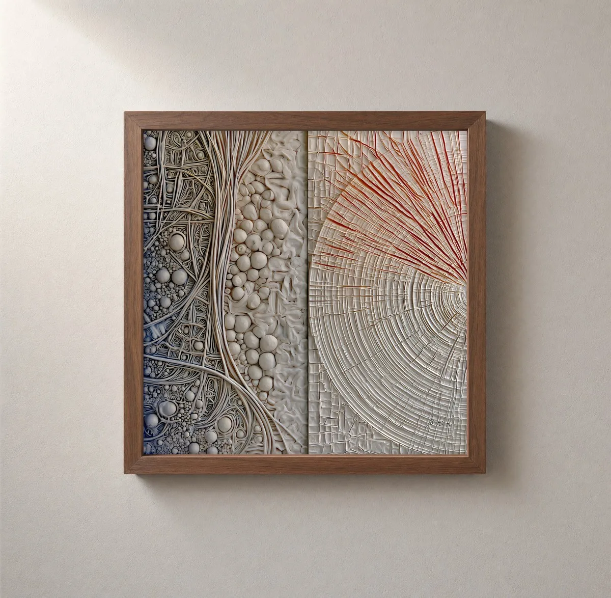 Pebbles and Tree Rings by Bassem, framed print on a wall