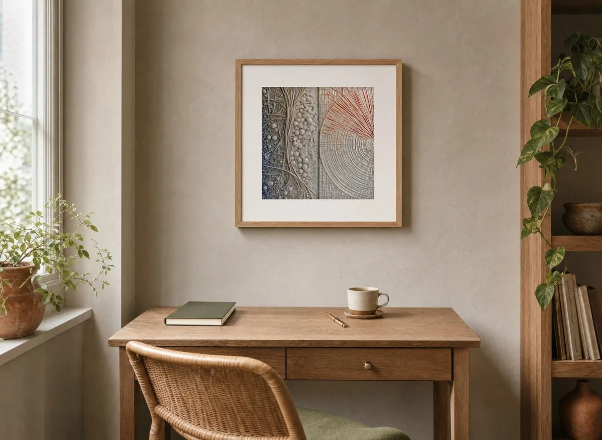 ba-0359-pebbles-and-tree-rings-print-2-room-reading-oak-v4 Pebbles and Tree Rings by Bassem, art print shown framed on a wall
