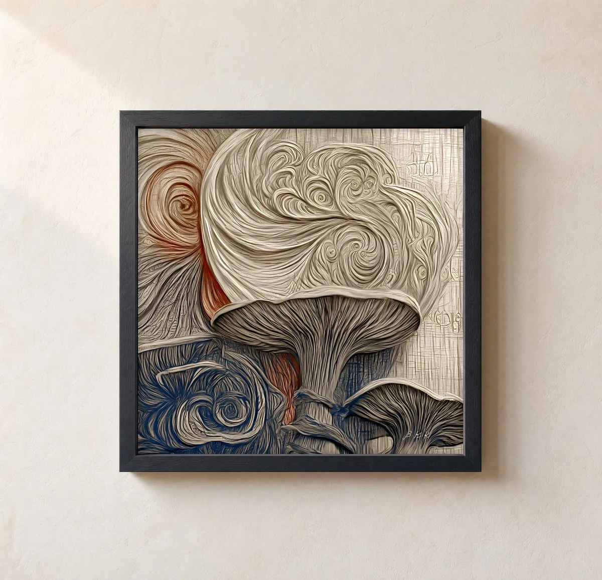 Mushrooms Under Swirling Skies by Bassem, framed print on a wall