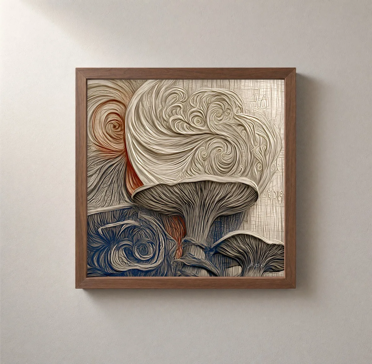 Mushrooms Under Swirling Skies by Bassem, framed print on a wall