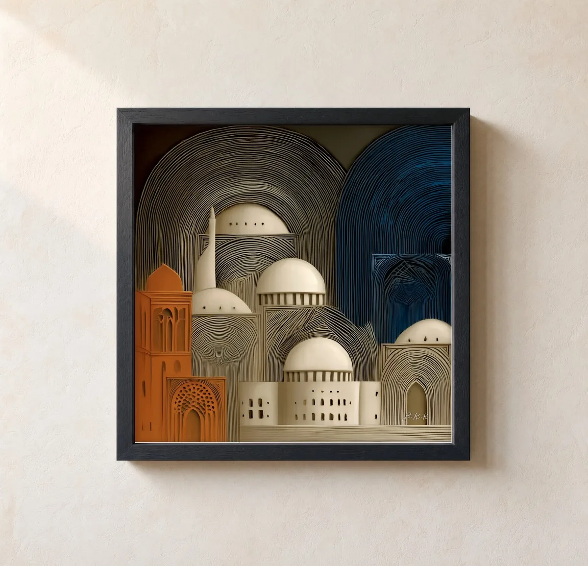 Domes Beneath Sweeping Arcs by Bassem, framed print on a wall
