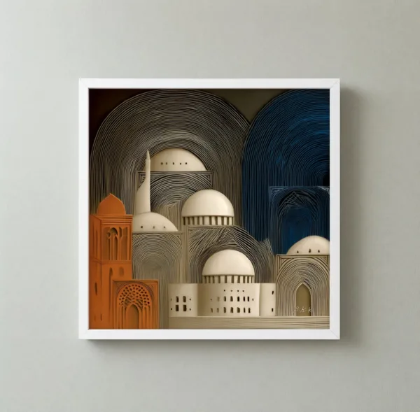 Domes Beneath Sweeping Arcs by Bassem, framed print on a wall